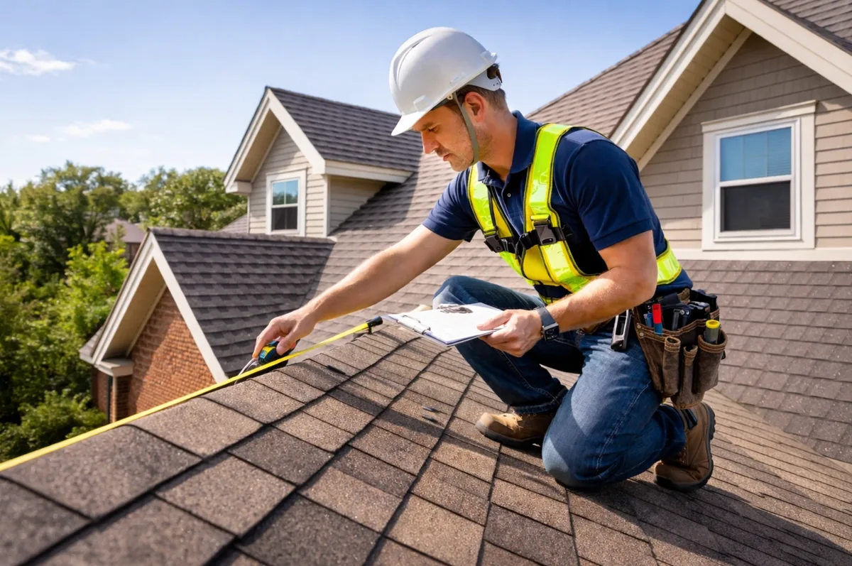 Roofer measuring a shingle roof