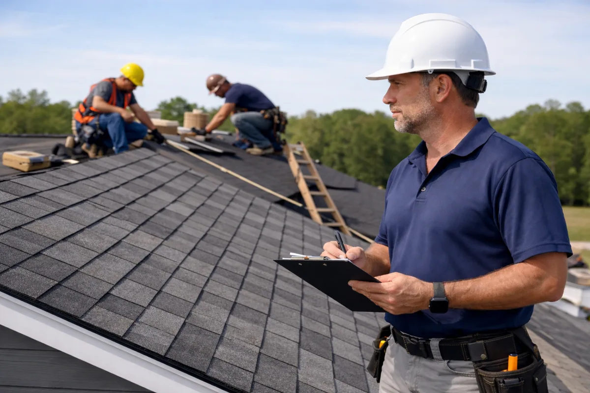 Roof inspector with a clipboard while a crew works on a roof