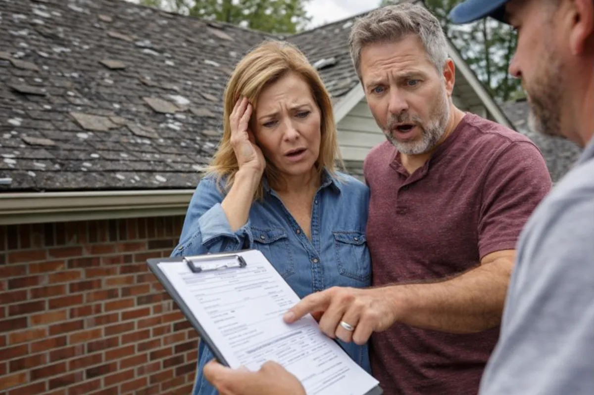 Homeowners looking over a roof estimate