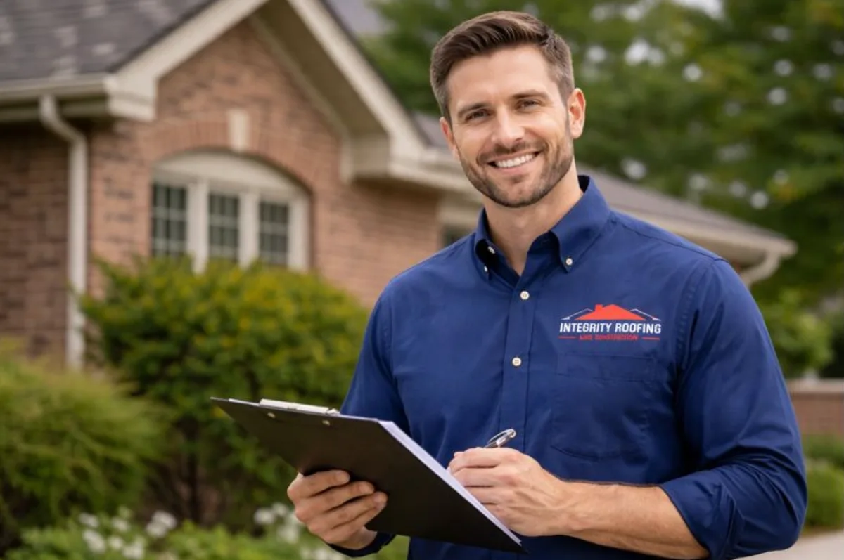 Integrity Roofing and Construction representative with a clipboard outside a home
