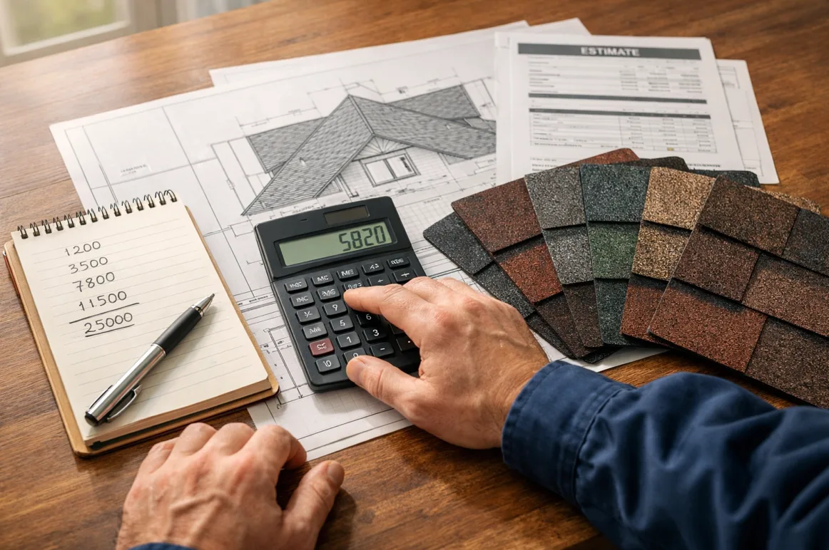 Roof estimate paperwork on a planning desk
