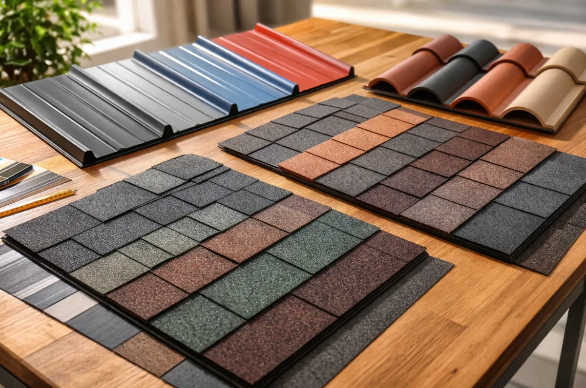 Roofing material samples laid out on a table