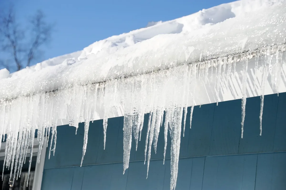 Thick ice and icicles hanging from the gutter of a home