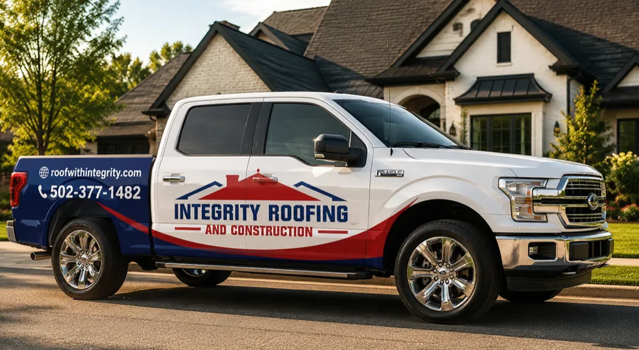Integrity Roofing and Construction work truck parked at a job site