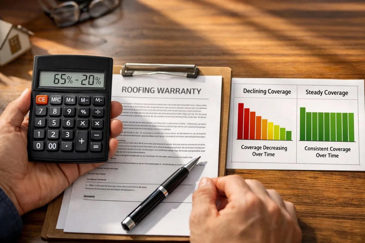 Calculator and paperwork used to compare roof warranty coverage
