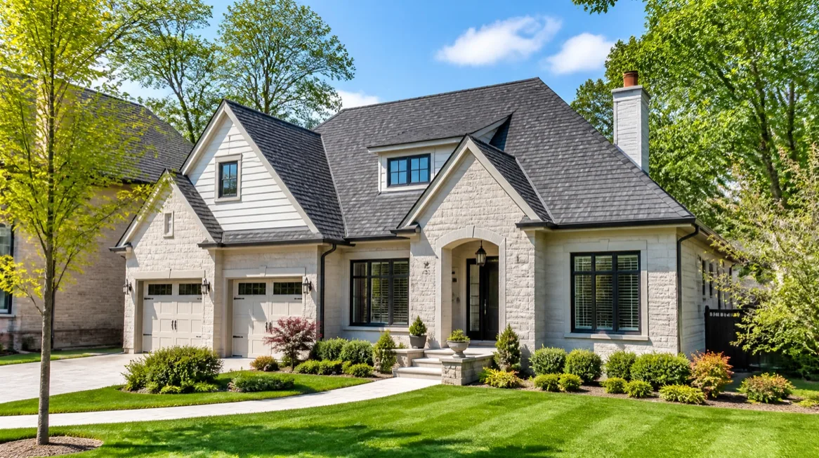 Stone front home with a dark architectural shingle roof