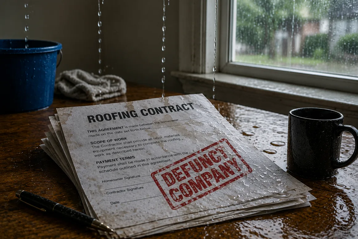 Roofing contract paperwork beside a leaking ceiling