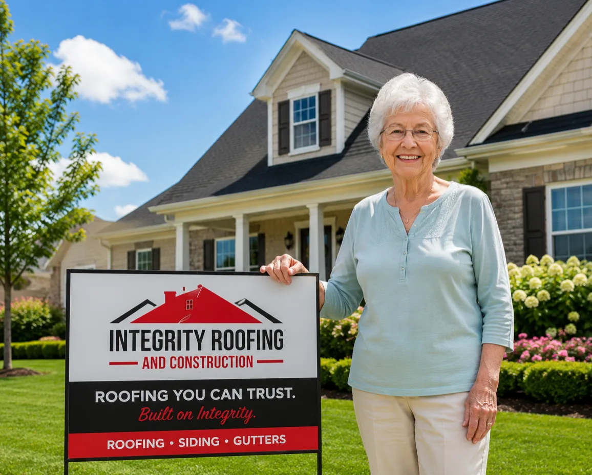 Smiling homeowner beside an Integrity Roofing and Construction yard sign
