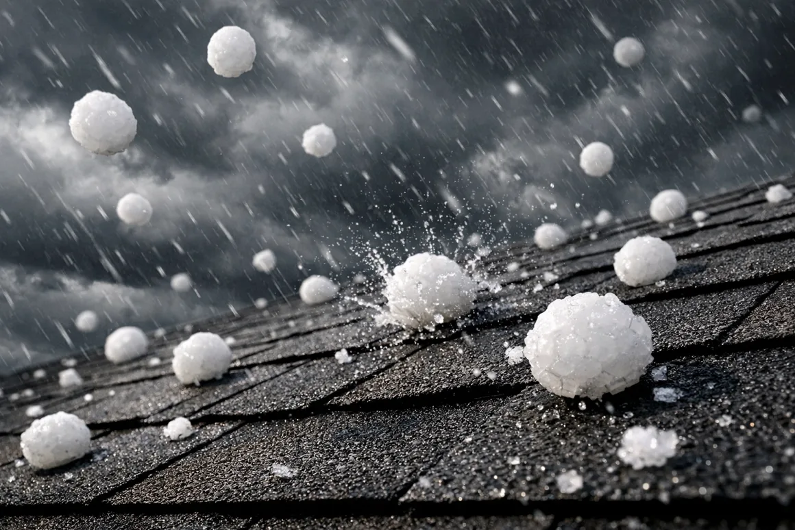 Hail hitting a shingle roof during a storm